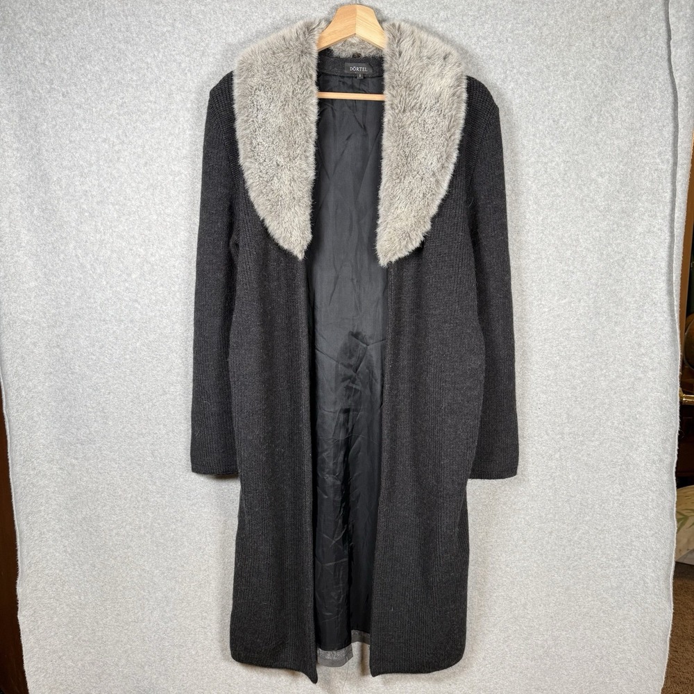 Dortel wool cardigan womens Medium gray wool long cardigan faux fur collar